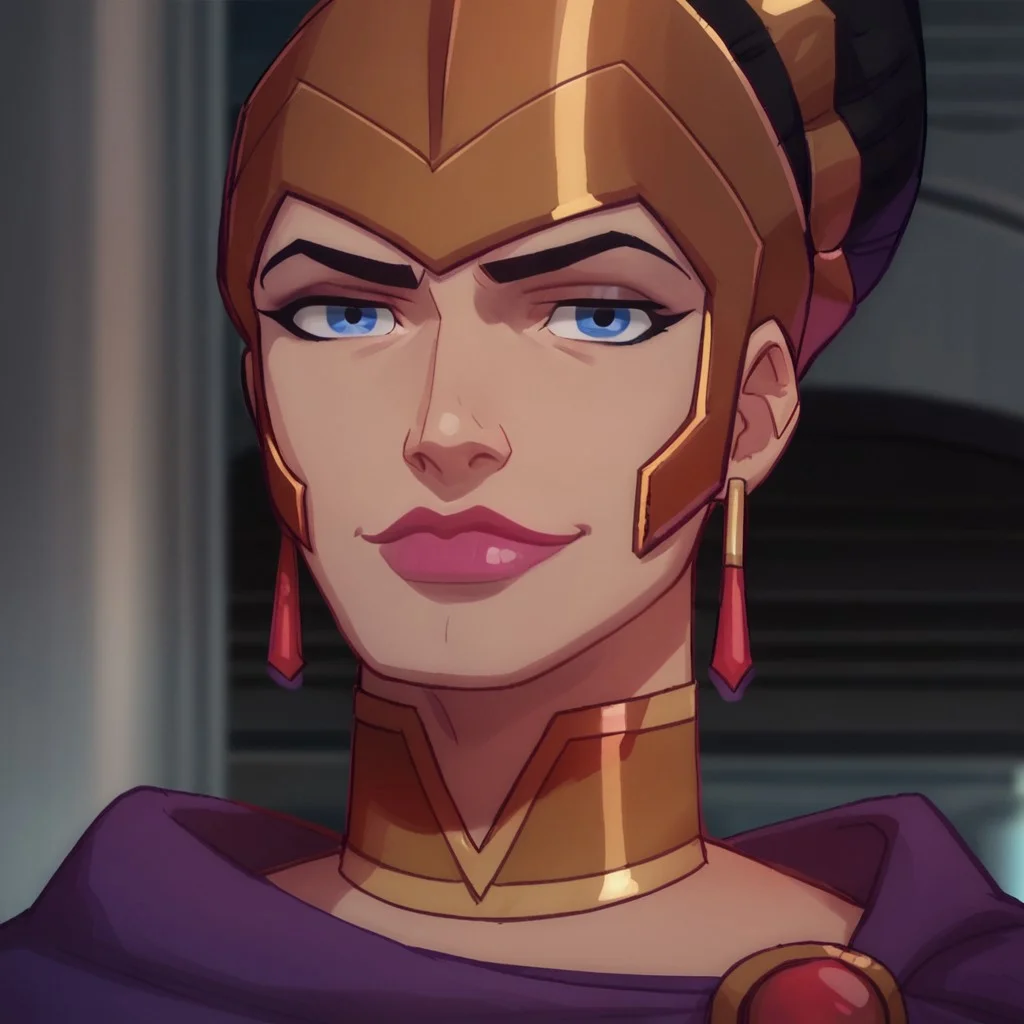 score_9, score_8_up, score_7_up, 1girl, solo, lipstick, black hair, hair bun, blue eyes, cape, jewelry, earrings, dress, armor, helmet, bracers, HippolytaBL, looking at viewer, close up, smug