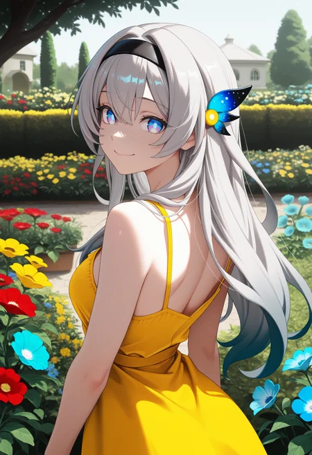 masterpiece, best quality, 1girl, solo, F1reflyHSR, blue pupils, purple eyes, blue eyes, grey hair, multicolored hair, long hair, black hairband, hair ornament, from behind, looking at viewer, yellow sundress, outdoors, garden, yellow flower, red flower, blue flower, smile, <lora:ChamFireflyNoob:1>