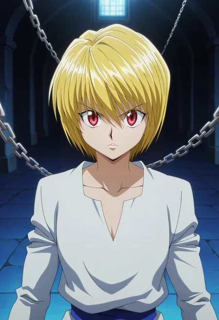 masterpiece, best quality, , anime screencap, anime coloring, official style, , , 1boy, solo, male focus, <lora:kurapika_hxh_ilxl:0.92>, kurapika_hxh, blonde hair, red eyes, short hair, bangs, hair between eyes, chain, ,