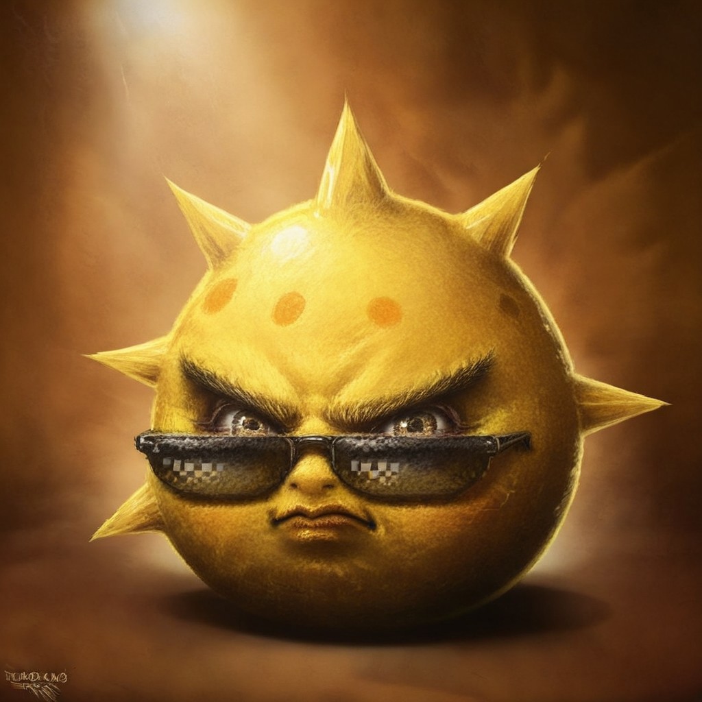 SamSprattAngryBirds, solo, detailed pores, wrinkles, Head only, close up, cropped body, upper body, bodyless, no body, head view, head focus, upper body, headshot, face focus, furrowed eyebrows, realistic, cartoonish, hyper-realistic, digital painting, digital art, painting, oil painting style, dramatic lighting, single light source, soft glow, muted background, radial gradient, spotlight effect, realism, dramatic composition, reflective highlights, round character, round head, looking at viewer, human, colored skin, noseless, no nose, no nostrils, 1girl, SolarBrawl, yellow skin, orange dots on skin, pixelated sunglasses, black sunglasses, sunglasses down, spikes, spiky head, spiky character, yellow spikes, angry, closed mouth, angled view