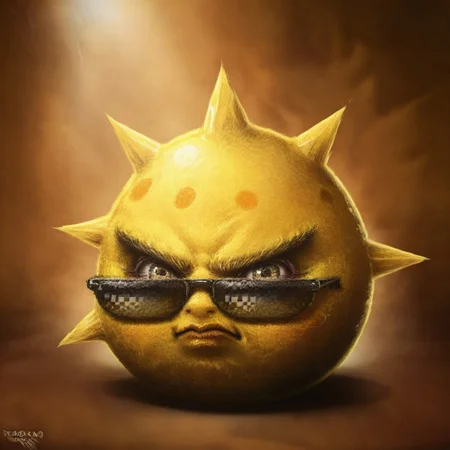 SamSprattAngryBirds, solo, detailed pores, wrinkles, Head only, close up, cropped body, upper body, bodyless, no body, head view, head focus, upper body, headshot, face focus, furrowed eyebrows, realistic, cartoonish, hyper-realistic, digital painting, digital art, painting, oil painting style, dramatic lighting, single light source, soft glow, muted background, radial gradient, spotlight effect, realism, dramatic composition, reflective highlights, round character, round head, looking at viewer, human, colored skin, noseless, no nose, no nostrils, 1girl, SolarBrawl, yellow skin, orange dots on skin, pixelated sunglasses, black sunglasses, sunglasses down, spikes, spiky head, spiky character, yellow spikes, angry, closed mouth, angled view