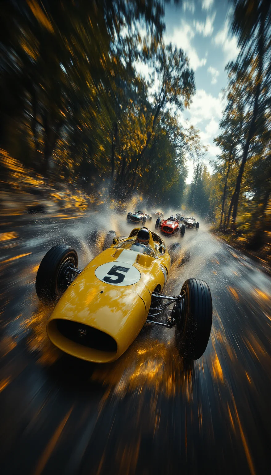 A high-resolution, cinematic illustration of a vintage Formula 1 race in a dense, rain-soaked forest, inspired by the aesthetics of 1950s and 1960s motorsport. The scene showcases dynamic motion, with a vibrant yellow race car marked "5" leading the pack, water spraying from beneath its tires as it speeds through a winding, glistening wet track. Other classic cars in bold reds and silvers follow closely, their forms blurred by the velocity. The forest is lush and atmospheric, with towering trees and a misty canopy filtering diffused, overcast light. Raindrops streak through the air, and reflective puddles scatter the road surface, adding depth and realism. The perspective intensifies the sense of speed and danger, emphasizing the thrill of racing in adverse weather conditions. Styled in a blend of photorealism and hyper-detailed artistic techniques, capturing both the nostalgic charm and adrenaline-pumping energy of the race. aidmaMJ6.1 <lora:aidmaMJ6.1v0.4:0.8>, aidmafluxproultra <lora:aidmaFluxProUltra:0.7>, Motion blur <lora:flux dtmh:0.6>, Anamorphic bokeh style <lora:Anamorphic bokeh v2:0.5>, in the style of Jed-clrfl <lora:flux-colourful:0.4>