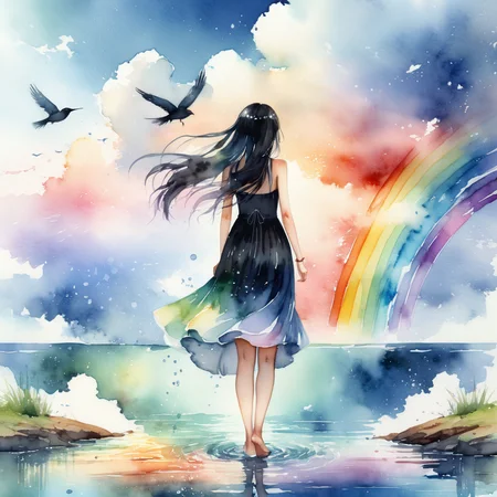 masterpiece, best quality, absurdres, illustration, watercolor, 1girl, solo, long hair, black hair, dress, skirt hold, wading, sleeveless, barefoot, bare shoulders, standing, from behind, outdoors, cloud, sky, bird, water, rainbow, <lora:xl_more_art-full-beta2:0.7>