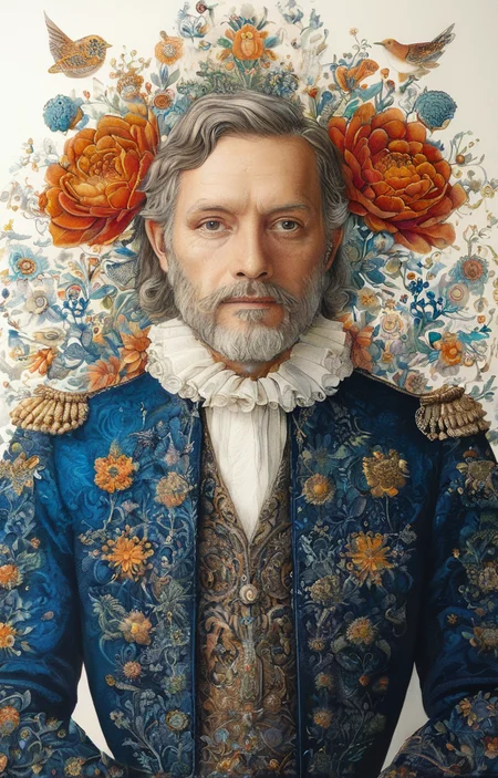masterpiece,best quality,<lora:tbh237-sdxl:0.8>,illustration,style of  Johanna Basford portrait of noble man