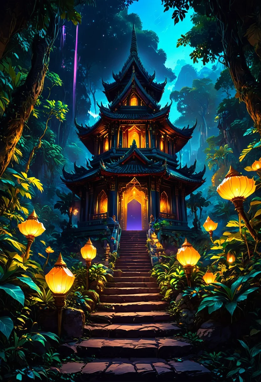 Portrait of an amazing thailand temple, placed in the middle of the picture, with old stairs, a masterpiece, enchanting, friendly, beautiful style, magical jungle landscape surrounded, in the style of Ismail Inceoglu, Gazelli, insanely detailed, 8K resolution, digital art, vibrant colors, chibi style, intricate details, soothing pastels, ultra high Resolution, hyper detailed, photorealistic, natural light, very detailed, sharp focus, high contrast, stylized, clear, colorful, ultra quality, 8k, best quality, masterpiece,midjourneyv6.1 Pop Art, Retro/Vintage, Ambient Lighting, Blacklight, Canon 5D Mark IV DSLR Cerulean Color, Onyx Color, Periwinkle Color, Prism Effect, Diamond Dust, Mystery, Twilight Tapestry Backdrop, Photo-realistic, By Greg Rutkowski