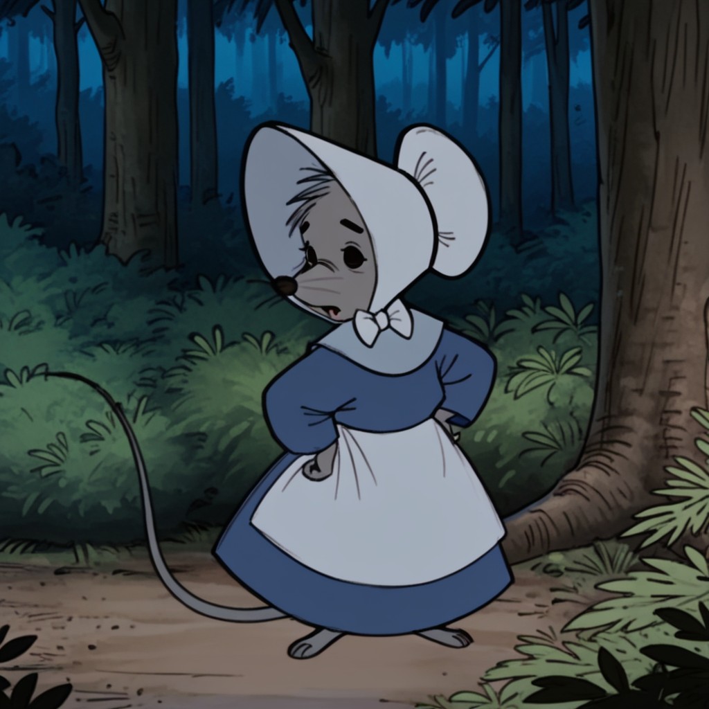 masterpiece, best quality, amazing quality, churchmousefRHil, semi-anthro, female, mouse_girl, grey fur, white bonnet, blue dress, white apron, mouse tail, standing, in forest,, <lora:7678d945-78b0-4d91-a1cd-c1e3d30c33d3:1.0>
