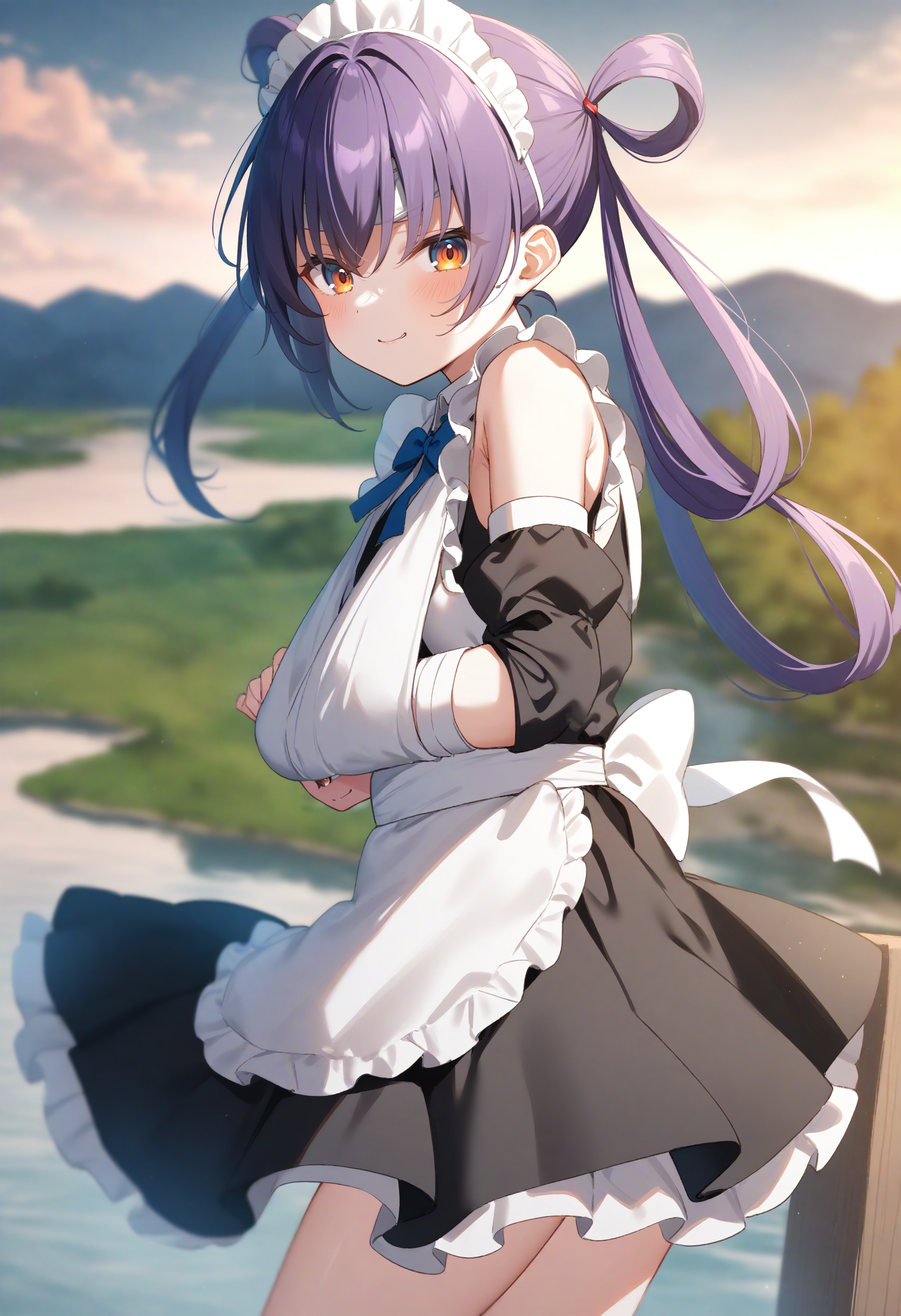 1girl,sincos, ningen mame, toosaka asagi,solo,large breasts, maid, maid headdress, detached sleeves, miniskirt, 20yo,
arm sling,<lora:armsling_XL_v1:0.8>bandaged head ,
from side, cowboy shot, looking ahead, purple hair, orange eyes,seductive grin smug, lakes, closed mouth, hair rings hair,,
best quality, very aesthetic, absurdres