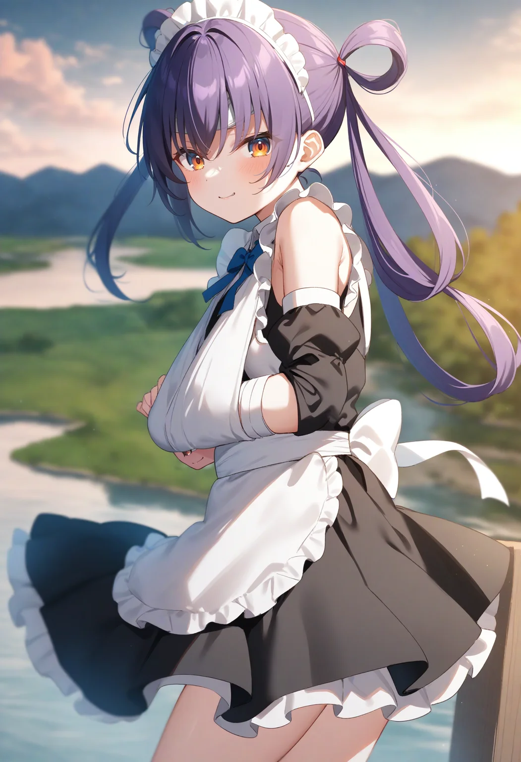 1girl,sincos, ningen mame, toosaka asagi,solo,large breasts, maid, maid headdress, detached sleeves, miniskirt, 20yo,
arm sling,<lora:armsling_XL_v1:0.8>bandaged head ,
from side, cowboy shot, looking ahead, purple hair, orange eyes,seductive grin smug, lakes, closed mouth, hair rings hair,,
best quality, very aesthetic, absurdres