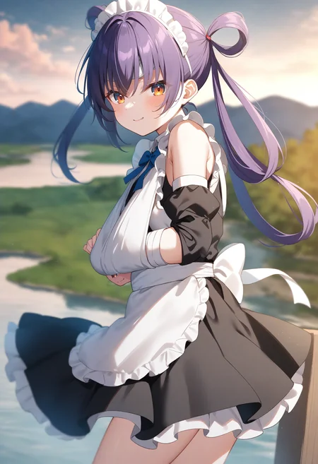 1girl,sincos, ningen mame, toosaka asagi,solo,large breasts, maid, maid headdress, detached sleeves, miniskirt, 20yo,
arm sling,<lora:armsling_XL_v1:0.8>bandaged head ,
from side, cowboy shot, looking ahead, purple hair, orange eyes,seductive grin smug, lakes, closed mouth, hair rings hair,,
best quality, very aesthetic, absurdres