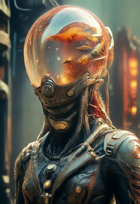 Create an image of an female Slender translucent dark-red artialien that looks like a secret agent on planet Earth. Long billowing Hair Made of cables and hoses, The alien is standing at a corner, peeking out curiously. It is wearing a vintage suit with a hat and tie. The colors of the image should be bleached, giving it a vintage look. The background is a downtown area on a sunny morning, with birds visible in the scene.
 volumetric lighting, atmospheric haze, Film grain, cinematic film still, shallow depth of field, highly detailed, high budget, cinemascope, moody, epic, OverallDetail, gorgeous, 2000s vintage RAW photo, photorealistic, candid camera, color graded cinematic, atmospheric lighting, skin pores, imperfections, natural, shallow dof,