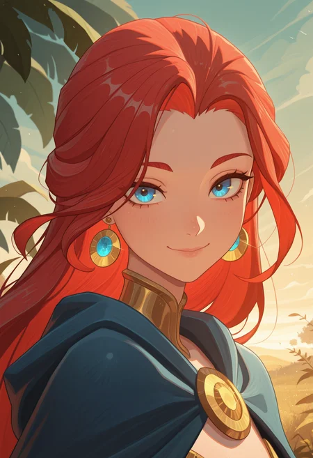 masterpiece, best quality, amazing quality, <lora:afkJourneyIllustrious:1> afkJourneyStyle,
1girl, female, solo, portrait, female focus, red hair, blue eyes, long hair, light skin, smile, looking at viewer, outdoors, beautiful, blue cloak with gold trimming, earrings, green trees