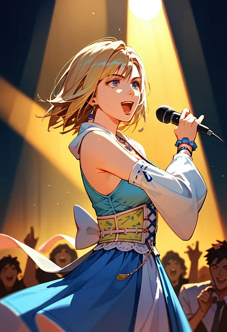 score_9,score_8_up,score_7_up,source_anime, yuna_(ff10),1girl,solo,open mouth,skirt,blonde hair,dress,holding,jewelry,detached sleeves,microphone,singing,spotlight,