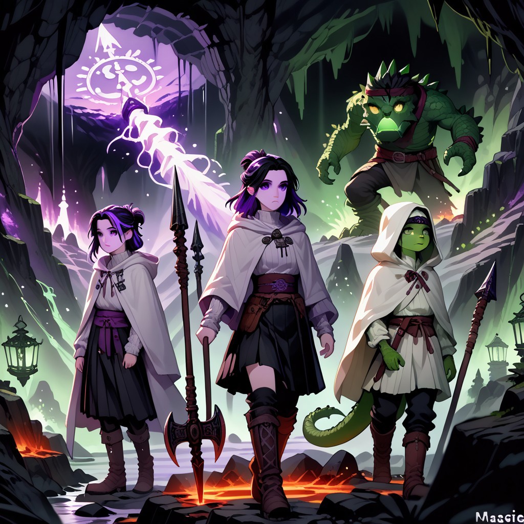 bddstyle, clock, pleated skirt, knee boots, purple eyes, artist name, polearm, ribbed sweater, sash, half updo, green skin, black pants, multicolored hair, headband, lantern, nature, vampire, tail, eyeshadow, turtleneck, white cloak, hooded cloak, standing, axe in hand, volcano eruption,