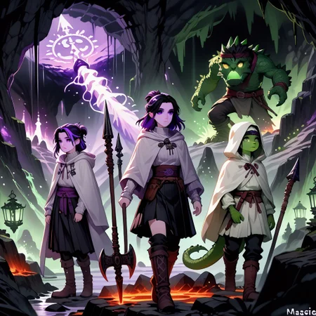 bddstyle, clock, pleated skirt, knee boots, purple eyes, artist name, polearm, ribbed sweater, sash, half updo, green skin, black pants, multicolored hair, headband, lantern, nature, vampire, tail, eyeshadow, turtleneck, white cloak, hooded cloak, standing, axe in hand, volcano eruption,