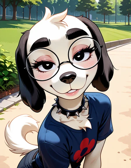 masterpiece, best quality, very aesthetic, absurdres,
outdoors,
t-shirt,
headshot, face focus,
seductive smile, parted lips, long eyelashes,
<lora:Molly_v01_NAIXL:1>
Molly,1girl,solo,furry,furry female,dog girl,dog ears,black eyes,thick eyebrows,round eyewear,snout,animal nose,spiked collar,body fur,white fur,dog tail,