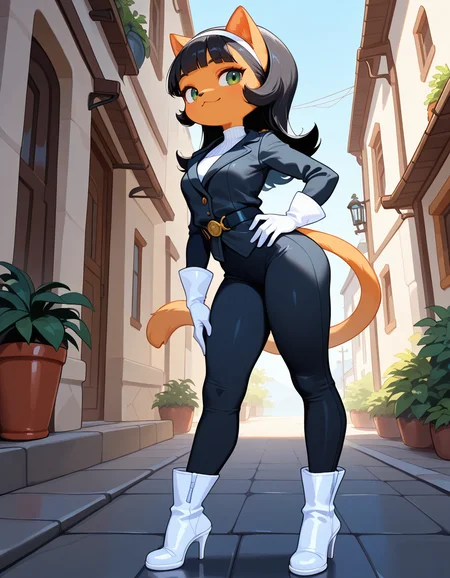 masterpiece, best quality, very aesthetic, absurdres,
outdoors, posing,
white gloves, white high heel boots, black pants, black jacket, long sleeves,
<lora:Kitty_Katswell_v01_NAIXL:1>
K1tty_Kat6w3311, 1girl, solo, furry, furry female, animal ears, long hair, black hair, hairband, blunt bangs, flipped hair, green eyes, animal nose, body fur, orange fur, cat tail,