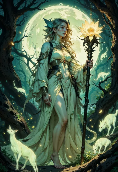 A spectral forest guardian, her form ethereal and shimmering with hues of pale green and silver, blending into the misty woods around her. Her hair cascades like a waterfall of moonlight, intertwining with delicate vines and blossoms that glow faintly in the dim light. Her flowing robes seem woven from leaves and mist, and her bare feet leave trails of shimmering light on the forest floor. She cradles a staff of ancient, gnarled wood, its tip blooming with an otherworldly flower that radiates soft, soothing light. Around her, the forest is alive with glowing fireflies, ghostly animals, and the soft hum of ancient magic, creating a serene yet haunting atmosphere.