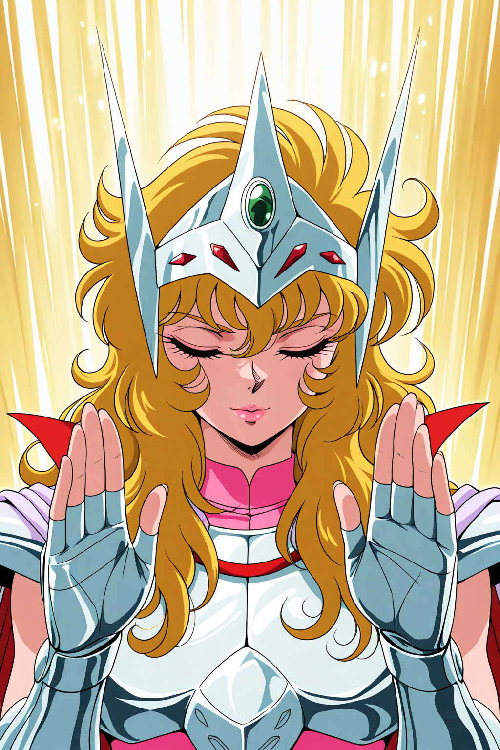 masterpiece,best quality,amazing quality, SS_MIS, 1boy, male focus, light pink lipstick, blonde hair, wavy hair, long hair, circlet, high collar, silver pauldrons, silver breastplate,
silver fingerless gauntlets, sleeveless pink bodysuit, white-violet cape, eyes closed, retro artstyle, portrait, three quarter view, raised palms, yellow rays, shieldpose, tsurime