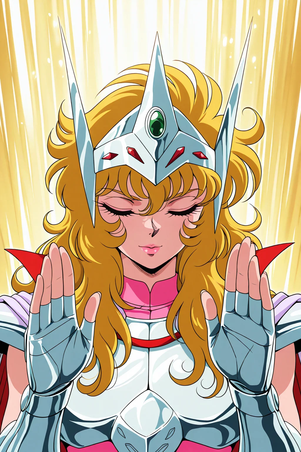 masterpiece,best quality,amazing quality, SS_MIS, 1boy, male focus, light pink lipstick, blonde hair, wavy hair, long hair, circlet, high collar, silver pauldrons, silver breastplate,
silver fingerless gauntlets, sleeveless pink bodysuit, white-violet cape, eyes closed, retro artstyle, portrait, three quarter view, raised palms, yellow rays, shieldpose, tsurime