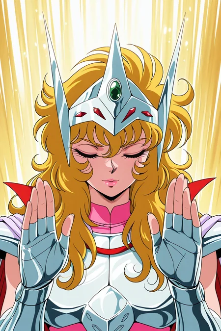 masterpiece,best quality,amazing quality, SS_MIS, 1boy, male focus, light pink lipstick, blonde hair, wavy hair, long hair, circlet, high collar, silver pauldrons, silver breastplate,
silver fingerless gauntlets, sleeveless pink bodysuit, white-violet cape, eyes closed, retro artstyle, portrait, three quarter view, raised palms, yellow rays, shieldpose, tsurime
