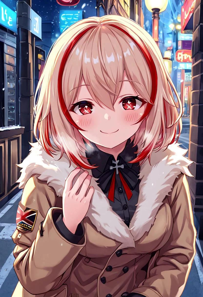 red eyes, medium hair, two-tone hair, fur coat. smile,  german street, winter, smile, visible breath, sparkly eyes,