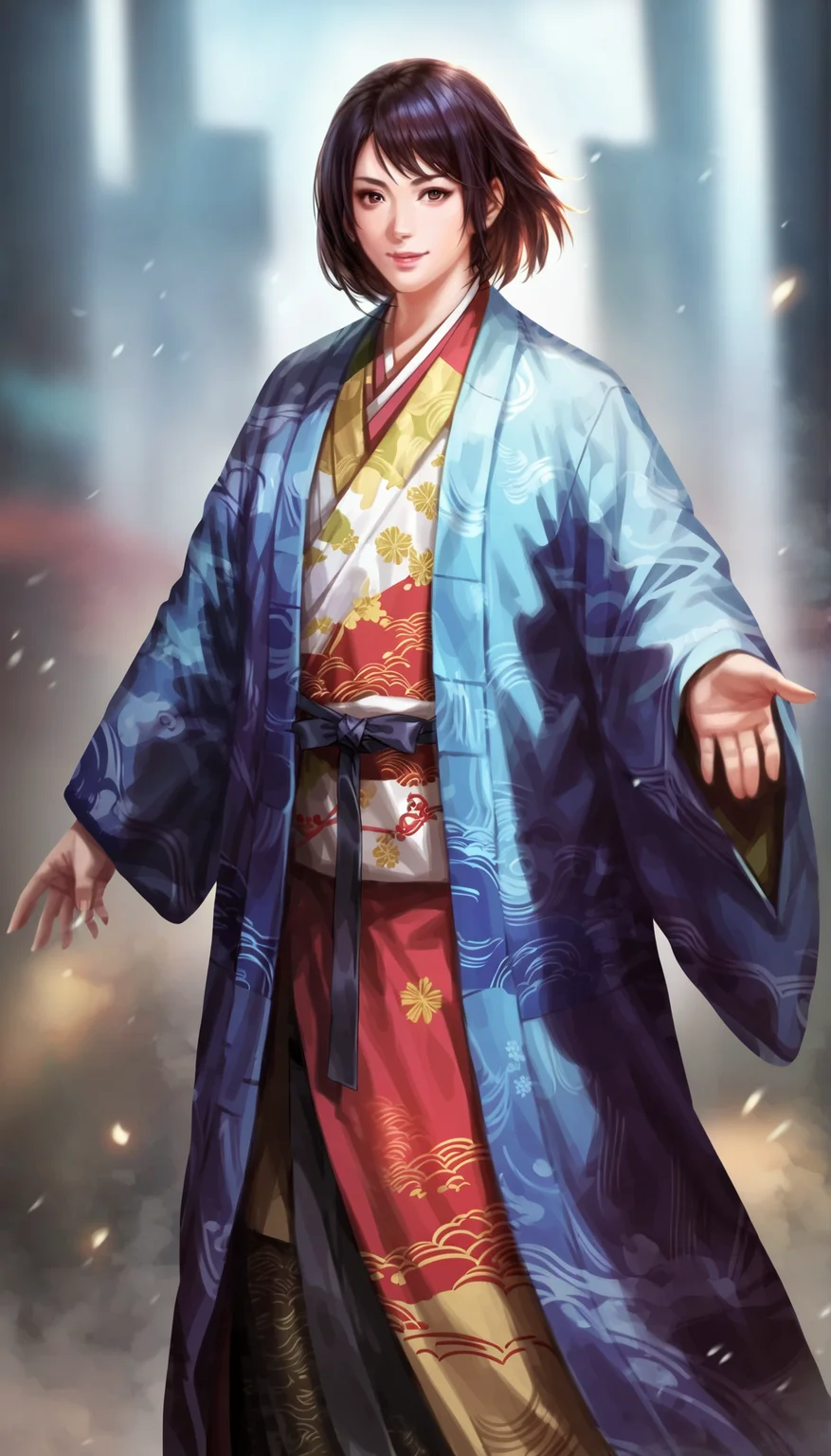 score_9,score_8_up,score_7_up,
highly detailed,highres,<lora:naotoraIi>,naotora ii,
1girl,solo,black hair,short hair,bangs,
brown eyes,looking at viewer,smile,parted lips,
kimono,layered blue and orange fabric with yellow accents,intricate patterns,black ribbon,white sash,
full body,
simple background,
blurry background,