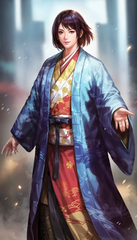 score_9,score_8_up,score_7_up,
highly detailed,highres,<lora:naotoraIi>,naotora ii,
1girl,solo,black hair,short hair,bangs,
brown eyes,looking at viewer,smile,parted lips,
kimono,layered blue and orange fabric with yellow accents,intricate patterns,black ribbon,white sash,
full body,
simple background,
blurry background,