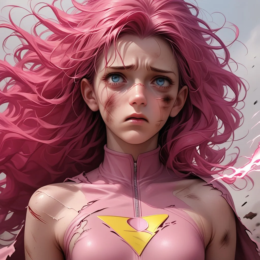 score_9, score_8_up, score_7_up, score_6_up, score_5_up, score_4_up, 1girl, pinkie pie, superhero, long hair, torn clothes, cuts and bruises, sad look, wind blowing hair, pink energy, small breasts, skinny, covered chest