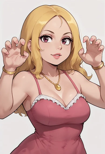 Score_8_up, 1girl, solo, Score_9, Francine, gold necklace, Pink heels, White bangle, Blonde hair, Pink spaghetti-strap gown with frilled trim, upper body shot, claw pose, cowboy shot, looking at viewer,