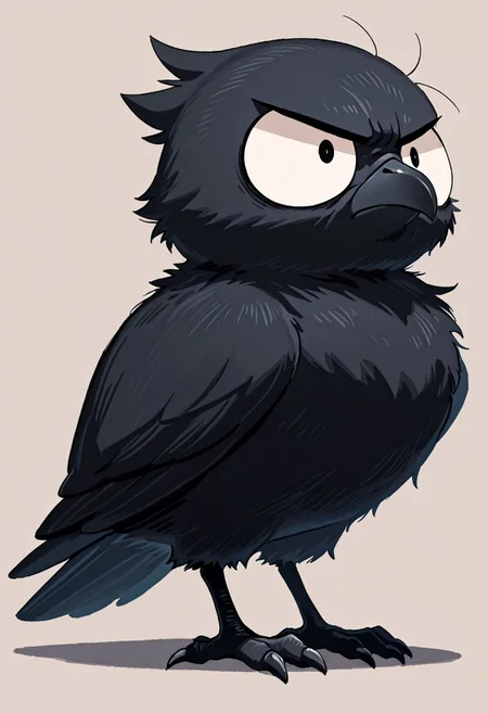 masterpiece, best quality, simple illustration, 1crow, full body, huge eyes, loocking away, side view, cartoon, no human, grumpy, fluffy, small, cute,