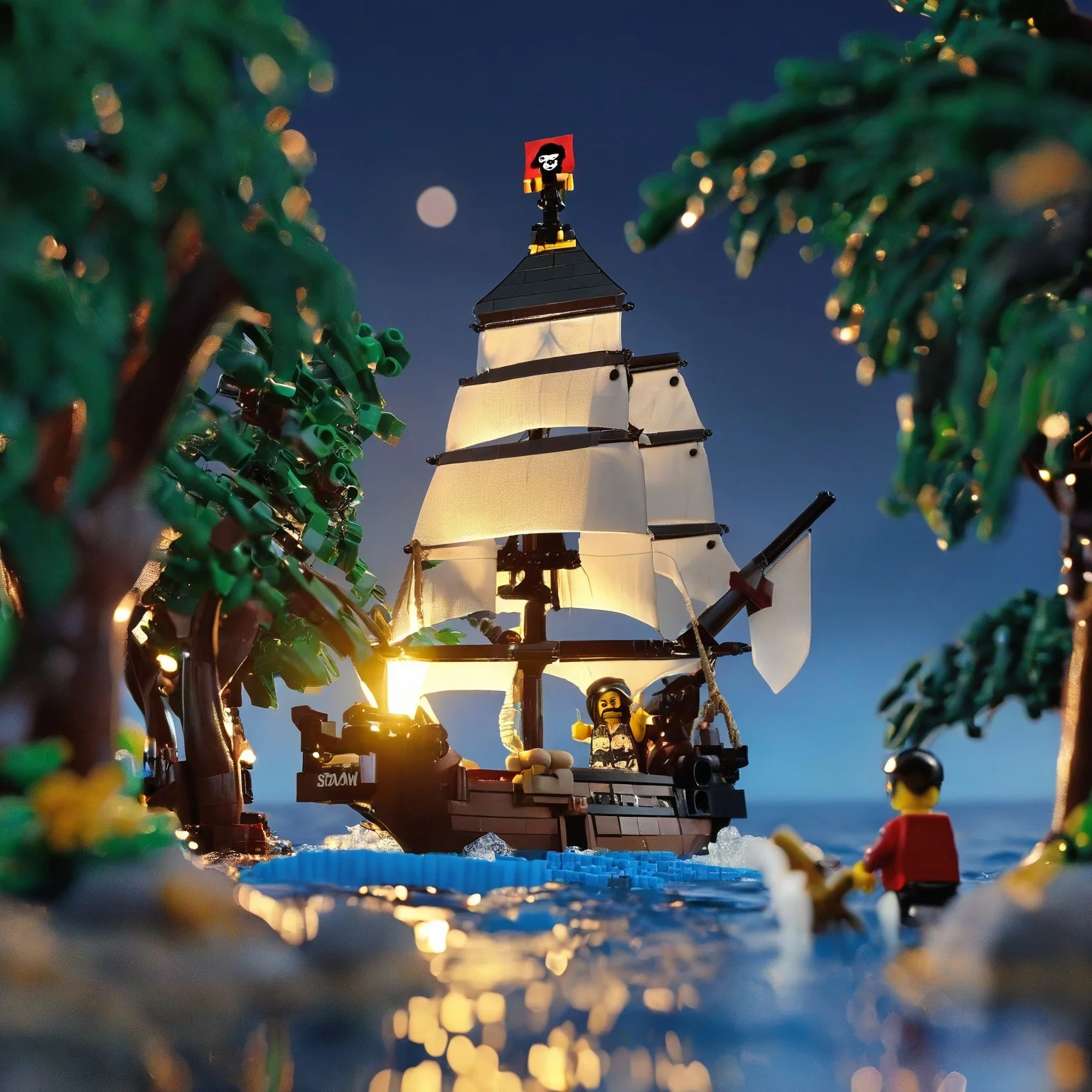 novuschroma53 style, tiny pirate ship at bay, island at night with lego pirates  <lora:novuschroma53 style:1> 