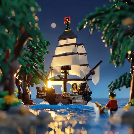 novuschroma53 style, tiny pirate ship at bay, island at night with lego pirates  <lora:novuschroma53 style:1> 