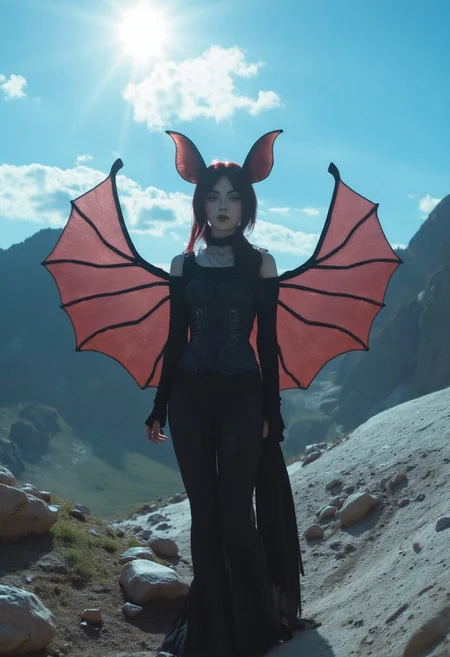 The image is a highly detailed, CGI-rendered digital artwork featuring a young woman KTNK with a fantastical, bat-like appearance. She stands in a surreal, rocky landscape under a bright, clear blue sky with a hint of sun, casting a warm glow. Her skin is a pale, porcelain complexion, and she has a petite, slender physique with a small to medium breast size.
