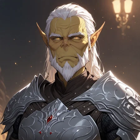 masterpiece, best quality, newest, absurdres, highres, anime, anime style, GIV1.0-IL GIV1.0-IL-SA, armor, silver armor, GIV1.0-IL, gith_(d&d), pointy ears, slit pupils, colored skin, 1boy, beard, facial hair, white hair, old, old man, wrinkly,