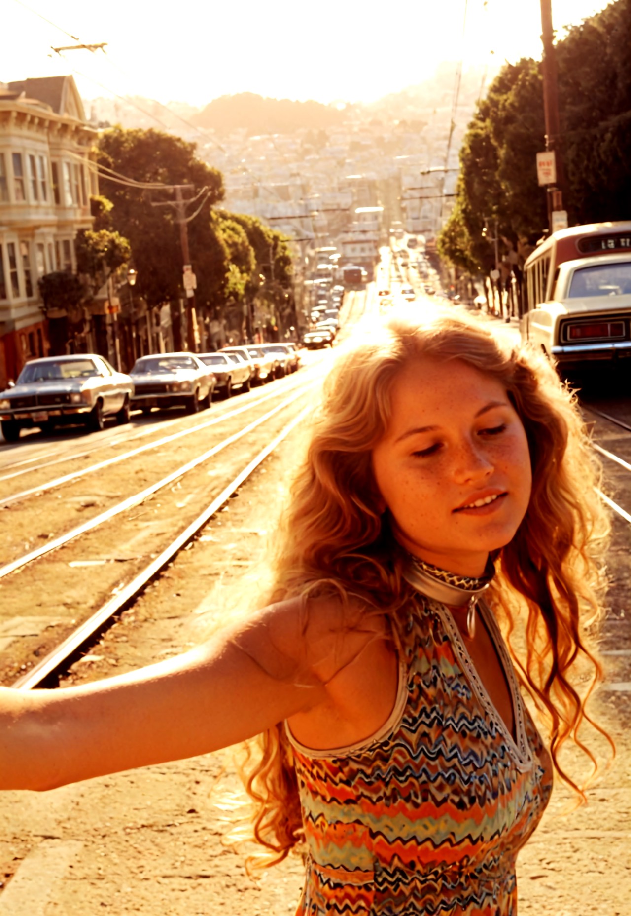 (((masterpiece, best quality, amazing quality, absurdres, realistic, detailed skin, dynamic angle))),


(((cute face closeup)))
realistic street photography, 1970s San Francisco, young woman, 20 years old, blonde, long wavy hair, hippie, chest and face, side view, turning head to viewer, (((arm outstretched towards the viewer:1.3))),serene expression,lips apart, teeth, natural movement, cute, freckles, dust light, vintage 70s short tight dress, stretch fabric, psychedelic patterns, high collar ,sleeveless, 

urban San Francisco background: steep hilly street, tram rails, vintage cable car classic 70s cars parked on the sides, street lamps, overhead wires. warm sunset light, long shadows, soft golden hour lighting, sharp focus on subject, slight depth of field blur on background, film grain, subtle desaturation, high detail, high realism, high resolution, photo taken on the spot