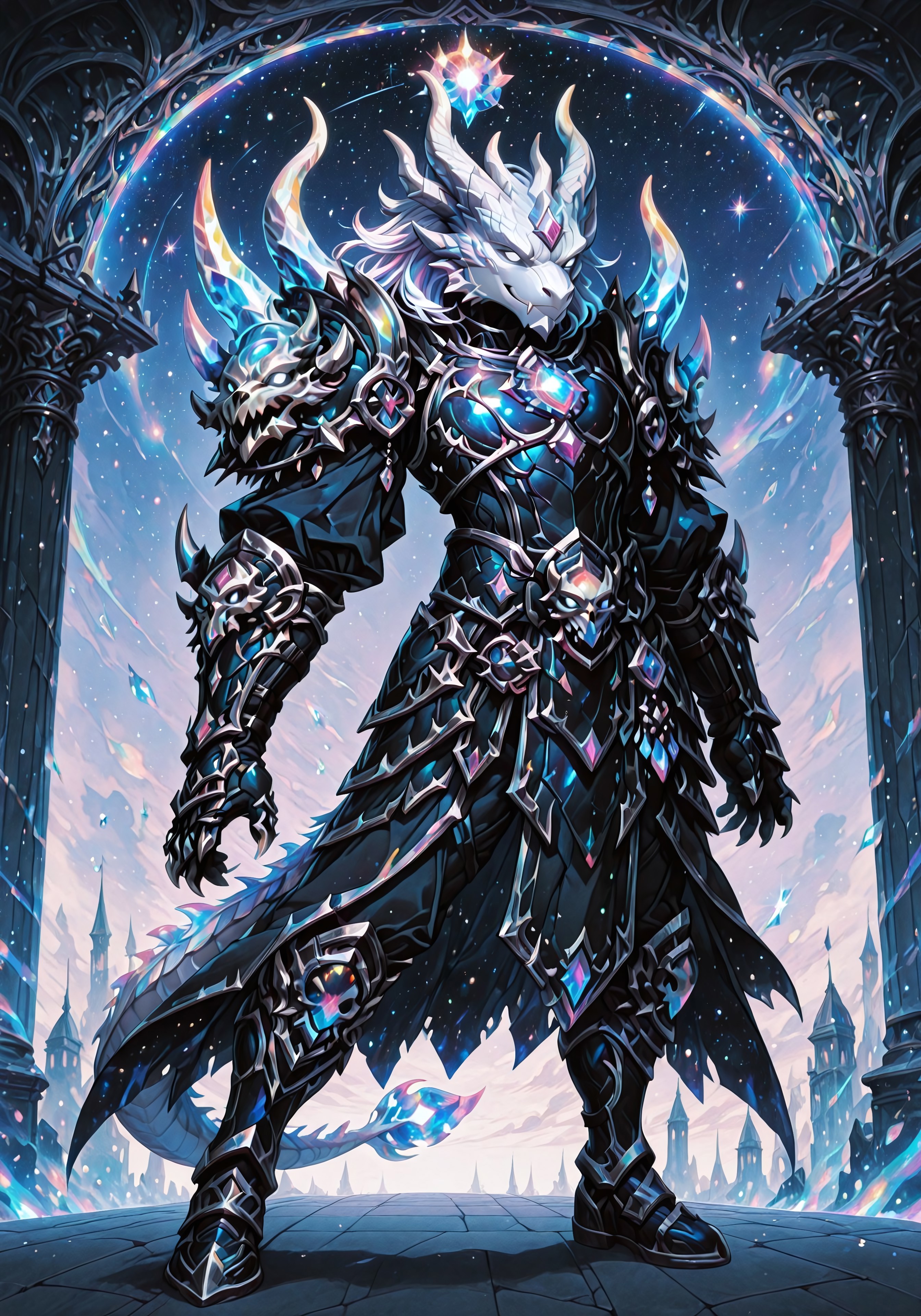 masterpiece, best quality, ultra-detailed, absurdres, 64K, high resolution, concept art, official art, illustration, fantasy illustration, very aesthetic, highly detailed, beyond intricately detailed, stylized, stunning, smooth quality, colorful, digital artwork, abstract, HDR, raytracing, high contrast, dramatic shadows, depth of field, particle effects, glow, ornate design, sharp focus,  highly detailed face, (full body:1.2), character-focused scene, vanishing point, BREAK, 

(Dutch angle, atmospheric perspective, G0thicL1nes), 

(1male, dragonborn /(dnd/), thedarkurge, extremely buff, furry dragon, iridescent white dragon horns, Black spiky hair and dragon mane, iridescent white dragon tail, iridescent shimmering white scales, glowing white eyes, smile with fangs, serrated black god-like armor with soft white glowing highlights, (no helmet), cosmic black shoulders adorned with glowing white dragon skulls, black armored boots, black armored gloves with protruding serrated white glowing claws, action-combat stance, dynamic pose:2), (inside the ruins of a desolate city), 



