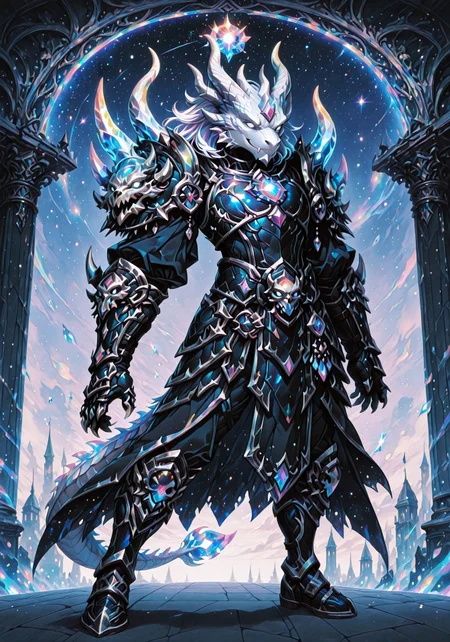 masterpiece, best quality, ultra-detailed, absurdres, 64K, high resolution, concept art, official art, illustration, fantasy illustration, very aesthetic, highly detailed, beyond intricately detailed, stylized, stunning, smooth quality, colorful, digital artwork, abstract, HDR, raytracing, high contrast, dramatic shadows, depth of field, particle effects, glow, ornate design, sharp focus, highly detailed face, (full body:1.2), character-focused scene, vanishing point, BREAK,
(Dutch angle, atmospheric perspective, G0thicL1nes),
(1male, dragonborn /(dnd/), thedarkurge, extremely buff, furry dragon, iridescent white dragon horns, Black spiky hair and dragon mane, iridescent white dragon tail, iridescent shimmering white scales, glowing white eyes, smile with fangs, serrated black god-like armor with soft white glowing highlights, (no helmet), cosmic black shoulders adorned with glowing white dragon skulls, black armored boots, black armored gloves with protruding serrated white glowing claws, action-combat stance, dynamic pose:2), (inside the ruins of a desolate city),