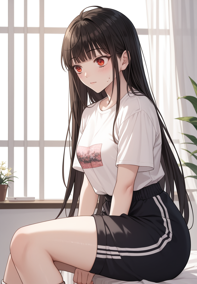 zPDXL3, score_9_up, score_8_up, score_7_up, (Anime_source),Masterpiece,(perfect female body:1.2), small waist,(incredibly detailed:1.4), slim, beautiful fingers, beautiful white skin, Beautiful clear skin, (big breasts:1.2) (thick thighs:1.2)  <lora:Rosa_Park_-_Pure_Villain__ManhwaWebtoon-000002:1> rosa park, 1girl, black hair, long hair, blunt bangs, red eyes, loose t-shirt, black sweatpants, ass, perfect ass, sitting with high knees, knees together