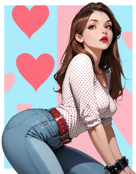 masterpiece, best_quality, high_resolution, very_aesthetic, absurdres, newest, highres, detailed eyes,
1girl, Rosa, woman, solo, brown hair, brown eyes, medium breasts, lips,
rockabilly style wearing a white polka dot shirt, cuffed jeans, bold red lipstick, leather belt,
simple background, naughty pose, Volumetric Lighting, outside_border, <lora:Rosa_Illustrious>, realistic, heart_background, explicit, <lora:spo_sdxl_10ep_4k-data_lora_webui:0.5>