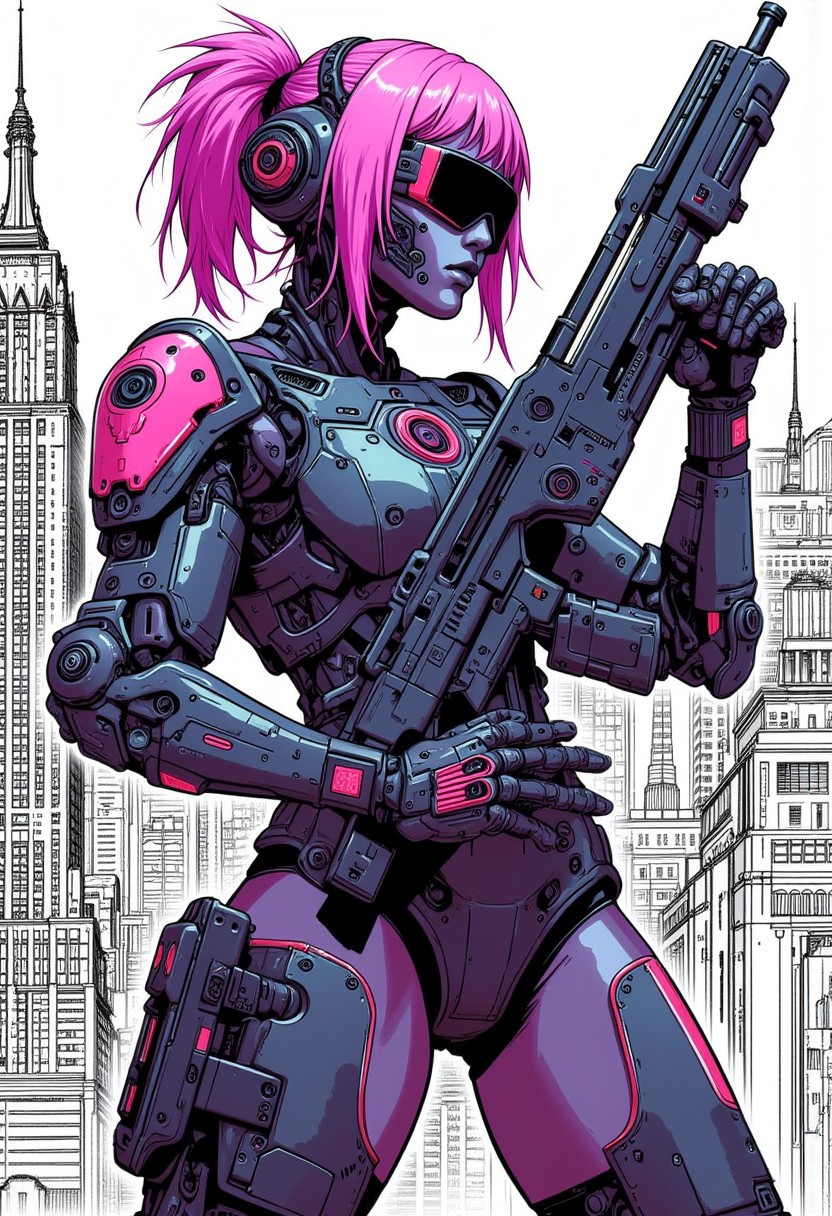 mad-cbrpnksplshrt full of details but with faded outlines, neon ultraviolet hair cyborg girl soldier in combat armor with one robotic arm and one robotic leg holding a pulse rifle, and beautiful sketch of new york city behind, best quality, sharp image,