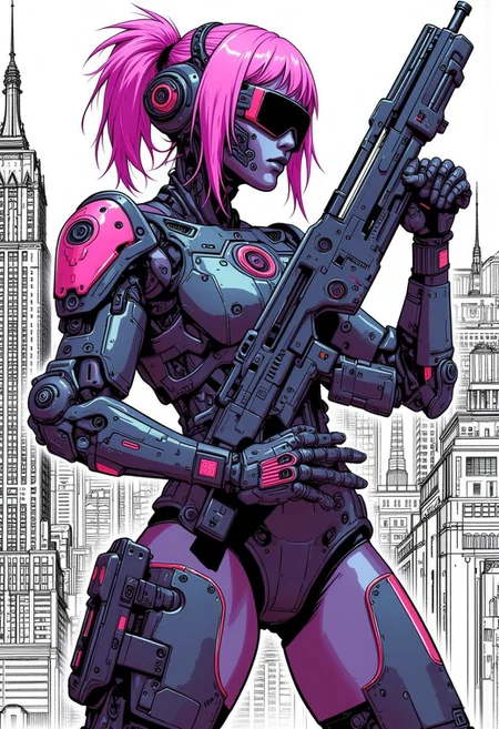 mad-cbrpnksplshrt full of details but with faded outlines, neon ultraviolet hair cyborg girl soldier in combat armor with one robotic arm and one robotic leg holding a pulse rifle, and beautiful sketch of new york city behind, best quality, sharp image,