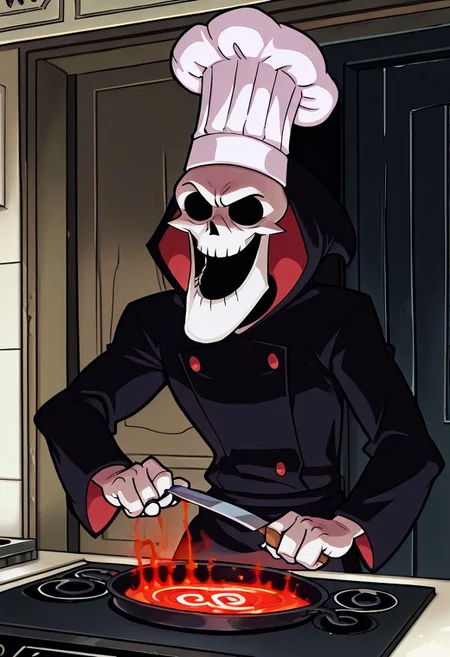 Masterpiece, best quality, highly detailed, Gr1m, RPR, solo, anime style, Grim reaper, chef hat, cooking, kitchen background, stove, close up, "SNAP, CRACKLE, POP IN THE POISON!" in bright red letters above a laughing Grim reaper