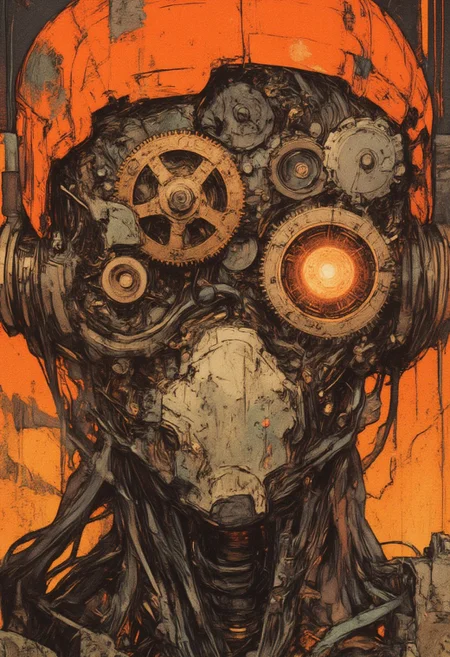 A highly detailed, ultra-detailed, masterpiece artwork, HD, 8K quality, featuring an orange-hued cyborg with a face constructed from intricate wheels, interlocking steampunk gears, and polished metal plates. The gears interconnect seamlessly, forming a symmetrical, mechanical visage with glowing amber eyes that radiate a faint, fiery light.