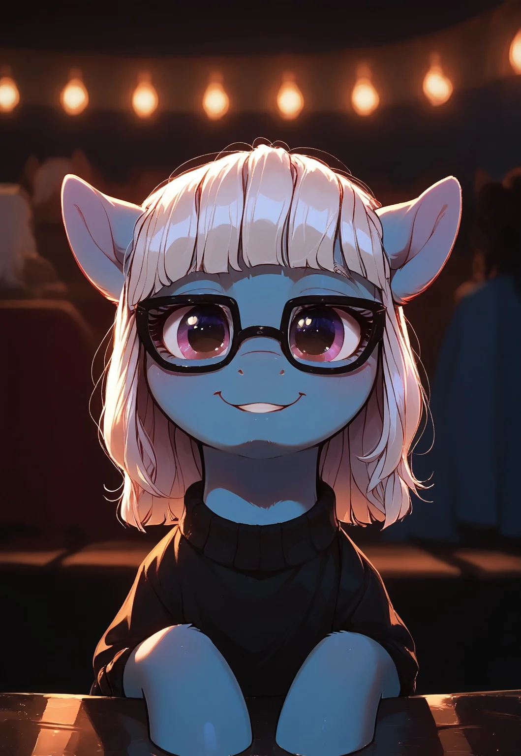 zPDXL3, score_9, score_8_up, score_8_up, My Little Pony, 1girl, solo,<lora:add-detail-xl:.5>, depth of field, raw, close up shot, focus on torso, (feral), pony, inside, backstage BREAK Photo Finish, (feral), pony, black dress white stripes, white bob hair style, light blue fur, pink knot scarf, ((black framed glasses with dark pink lenses:1.7)), very wide smile, intimate shot, posing, (view from above), sitting on knees, kneeling