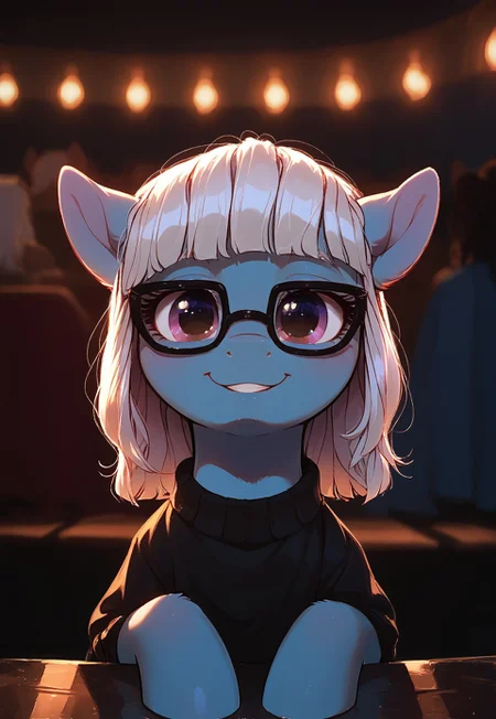 zPDXL3, score_9, score_8_up, score_8_up, My Little Pony, 1girl, solo,<lora:add-detail-xl:.5>, depth of field, raw, close up shot, focus on torso, (feral), pony, inside, backstage BREAK Photo Finish, (feral), pony, black dress white stripes, white bob hair style, light blue fur, pink knot scarf, ((black framed glasses with dark pink lenses:1.7)), very wide smile, intimate shot, posing, (view from above), sitting on knees, kneeling