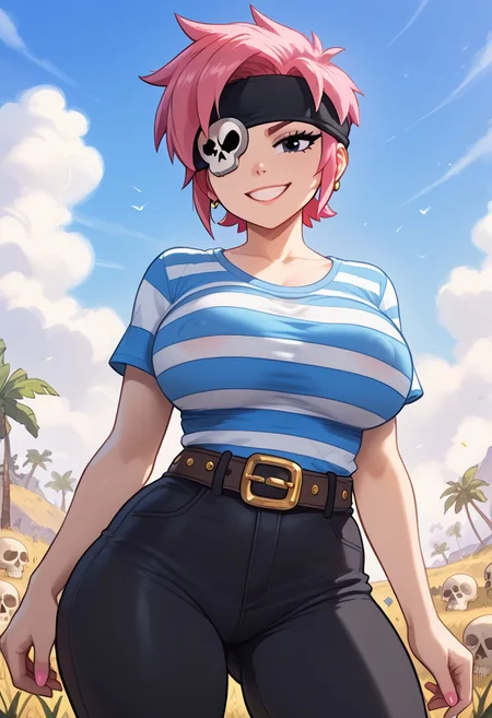 score_9, score_8_up, score_7_up, FluffyLewdsStyle,
 ,bspenny ,1girl , pink hair , short hair, black eye ,   bandana,  one eye covered ,  skull  ,hairband  , eyepatch, striped shirt, belt,black pants
,large breast, huge breast, big thighs, big ass, curvy, skinny, pretty, smile, look at viewer , sexy pose, detailed eyes ,