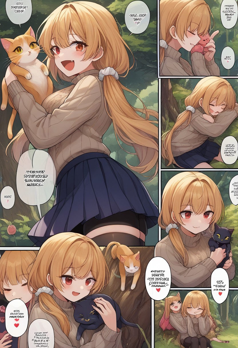 score_9, score_8_up, score_7_up, source_anime, BREAK
<lora:FComic_1to1000_Pony_V1:1>fcomic_1to1000_pony, (comic:1.25),
(Multi view, Frame, Text, speech bubble, frame, heart, trembling, focus line, vibrating line, comic expression, Sound effect)
1girl, cat, cute cat, cats, fluffy, cute, neko, kawaii, cuddling with cat, holding cat, joy, happy, animal, cute animal, woods, summer camp, trees, joy, happy, 
1girl,jelorodef,solo,black hair,streaked hair,hair scrunchie,low twintails,red eyes,heterochromia,yellow eyes,turtleneck sweater,sleeveless,off shoulder,pleated skirt,bike shorts under skirt,thighhighs,<lora:Ro635-JeloXL-000007:1>,
,<lora:Everlasting_Summer_Vanilla_Backgrounds_by_GraffMetal:0.7>, <lora:Everlasting_Summer_Vanilla_Art_Style_by_GraffMetal:0.7>
