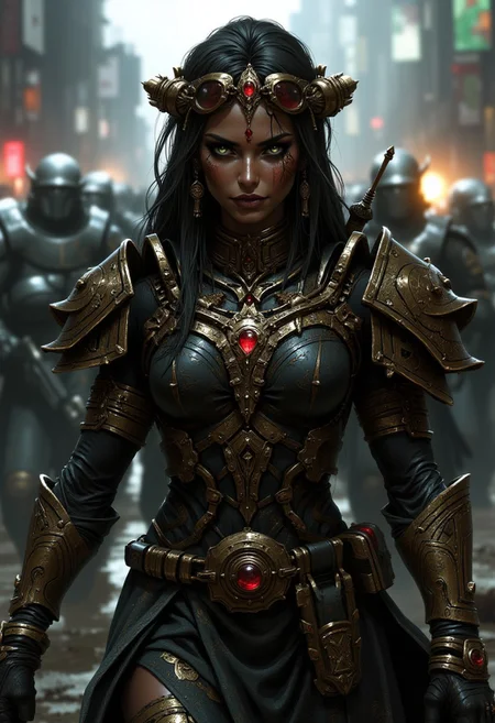 "a female indigenous straight Black hair, tribal paints, Green eyes, dirty with Ashes, high tech military googles, wear a Power armor with aztec elements, marching in a warzone in grotesque world, her Power armor have a Ruby gem as energy generator, in his hands a high tech big m4a1 with grenade launcher