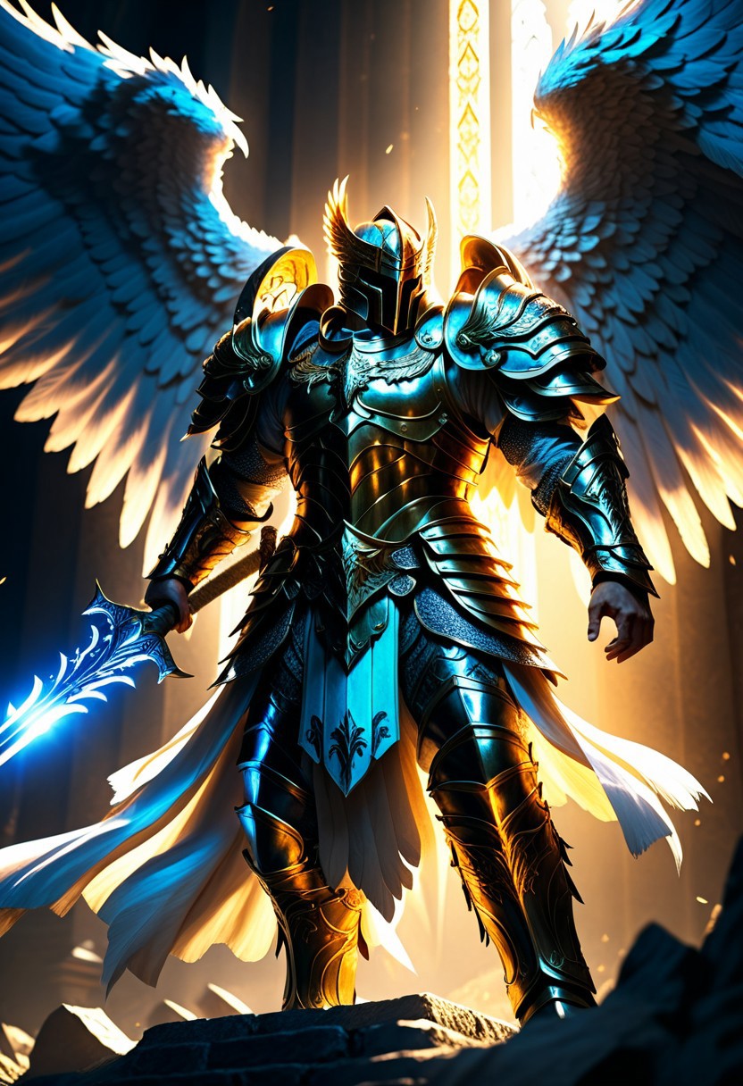 Archangel warrior, divine armor, holy sword, epic fantasy art, highly detailed, photorealistic, 8k resolution, cinematic lighting, dramatic shadows, intricate details, texture and depth, vibrant colors, epic battle scene, angel wings, heavenly glow, powerful stance, sword raised high, determined expression, epic background, fantasy landscape. Improved.