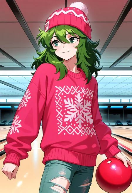 masterpiece, best quality, amazing quality, very aesthetic, absurdres, newest, view from the side, ANDROMESHUN, SHUNPLAIN, 1boy, slim, slender figure, long wavy green hair, green eyes, bowling alley, holding bowling ball, pink christmas sweater, torn pants, cyan beanie, smile